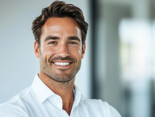 A businessman in a white shirt smiling confidently at the camera, with ample copy space to the right, bright and clean background