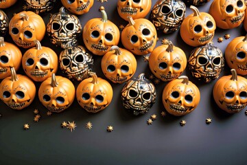 Obraz premium Happy Halloween, flat lay mockup with pumpkins, spiders and skulls on orange background. Autumn holiday concept