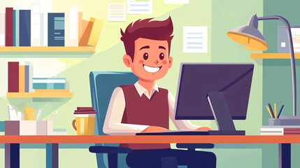 A cheerful office clerk typing on a computer, with a cup of coffee nearby, showcasing a bright and organized workspace