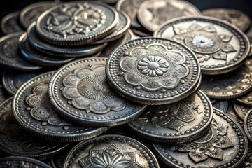 Antique silver coins with intricate designs and worn edges piled high on a dark background, evoking a sense of historical treasure and forgotten riches.