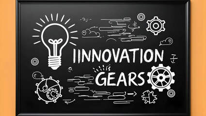 3d Flat icon as Blackboard with Innovation and Gear concept as A blackboard featuring a lightbulb and a gear set against a whimsical background offering ample space for text or graphics symbolizing in