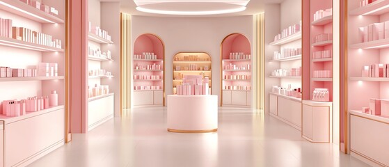 A modern, stylish interior of a beauty store showcasing elegant pink shelves filled with cosmetic products.