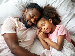 A peaceful scene of a young dark-skinned girl sleeping in bed with her dad, lying on her back with outstretched arms, wearing white shirt and pink pajamas.