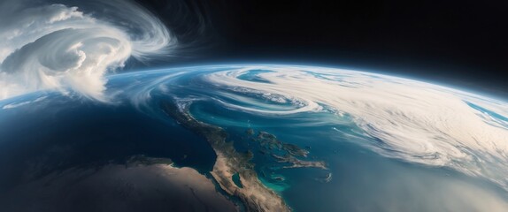 Fototapeta premium Stunning View of Earth from Space Captured in High Detail, Showcasing the Planet's Vibrant Blue Oceans, Green Landmasses, and White Polar Ice Caps, Perfect for Space and Science Enthusiasts.