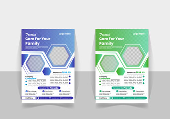 Medical flyer, healthcare cover, template design and flat icons for a report and medical brochure design, flyer, blue and green, leaflets decoration for printing and presentation, vector illustration.
