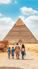 A family of four walks towards the Great Pyramid of Giza, sharing smiles and enjoying their visit on a sunny day