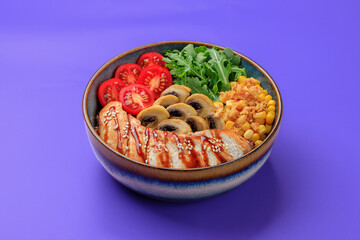 Chicken poke bowl salad with rice and mushrooms