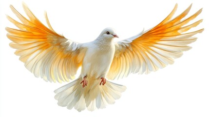 Fototapeta premium A White Dove with Golden Wings Soaring Through a White Sky Watercolor Painting