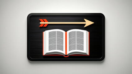 3d Flat icon as Blackboard with Open Book and Arrow concept as A blackboard with an open book and an arrow set against a dreamy background offering ample space for text or graphics symbolizing knowled