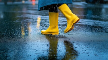 Woman wearing yellow rubber boots walking on wet street after rain