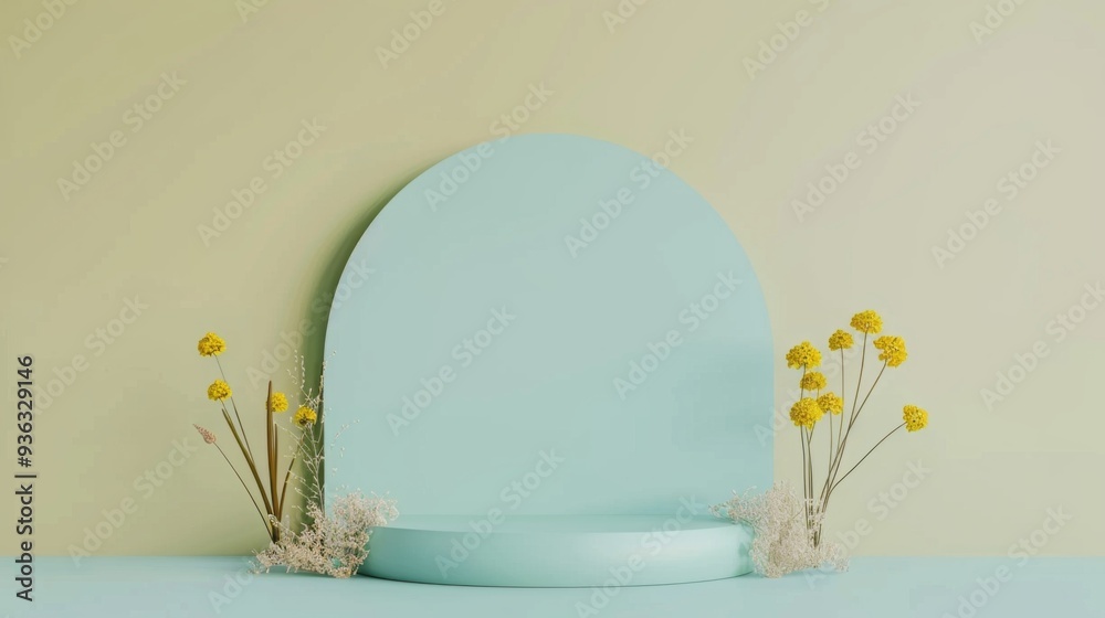 Poster a calming minimalist display showcases a geometric podium in gentle hues, accentuated by vibrant yel