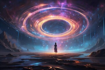 Cosmic background,dust and stars illuminating a black hole in deep space selective focus mystical allure dynamic double exposure galaxy.