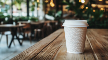 Disposable paper coffee cup standing on a wooden table in a restaurant