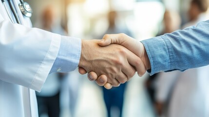 Closeup of doctors and patients hands shaking in a blurred hospital setting symbolizing trust and care