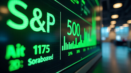 A close-up of a digital stock ticker displaying the S&P 500 index with green numbers and a rising graph, suggesting positive market performance. Ideal for illustrating financial news, market analysis,