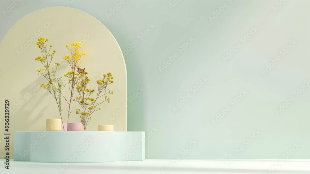 Poster soft pastel colors create a tranquil atmosphere, showcasing a beautifully arranged minimalist podium