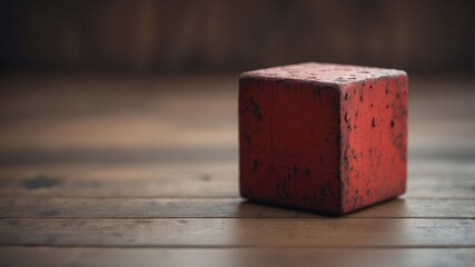 A weathered red cube sits on a wooden floor with a grunge background The cube is a symbol of mystery and intrigue.