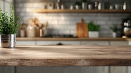 Showcase products on this kitchen wood tabletop amidst a blurred modern interior. The tabletop stands out against the defocused kitchen background