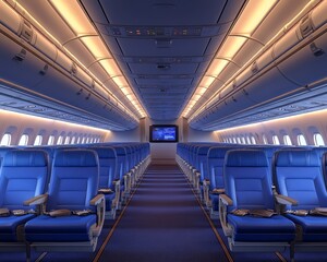 Fototapeta premium Empty Airplane Seats A Perspective of Isolation and Anticipation Blue Upholstery Aisle View Overhead Compartments
