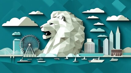 Geometric Cityscape A papercraft lion sculpture overlooks a stylized Singapore skyline with boats and a ferris wheel on a vibrant teal background