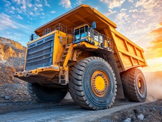 Fototapeta premium Giant Yellow Dump Truck Driving Through a Quarry at Sunset with a Dramatic Sky and CloseUp Perspective on the Tire