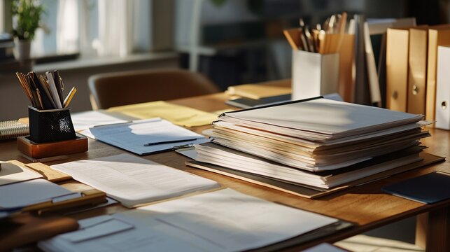 A paralegal organizing files and paperwork on a desk, showcasing a tidy workspace