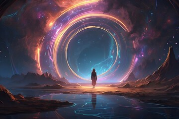 Cosmic background,dust and stars illuminating a black hole in deep space selective focus mystical allure dynamic double exposure galaxy.