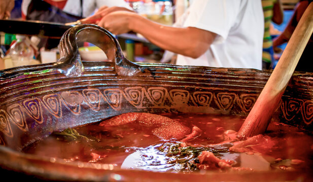 Beef stew Menudo being cook in a mexican street food market.