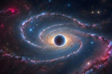 Cosmic background,dust and stars illuminating a black hole in deep space selective focus mystical allure dynamic double exposure galaxy.