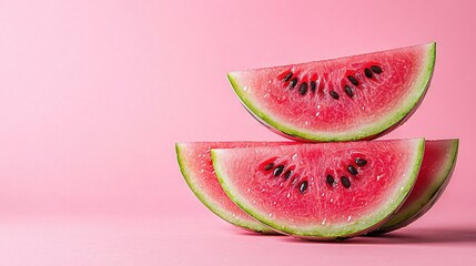   Watermelon slices stacked on a pink surface, with one slice cut in half