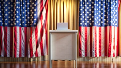 A private voting booth with a curtain and ballot box in focus, blurred background with subtle patriotic colors, symbolizing democratic elections and citizen participation.