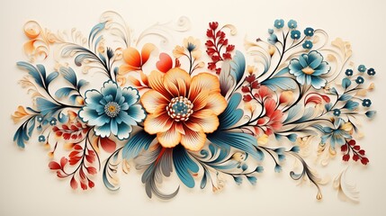 A vibrant and intricate bohemian floral design featuring large flowers in shades of orange, blue, and red, surrounded by delicate leaves and smaller blossoms.