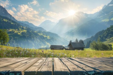rural product display with wooden surface, summer morning light, alpine meadow backdrop for traditional dairy products