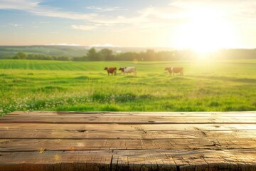 product display scene with wooden surface and summer morning light over green meadow with cows, ideal for dairy products and food themes