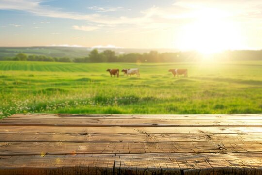 product display scene with wooden surface and summer morning light over green meadow with cows, ideal for dairy products and food themes