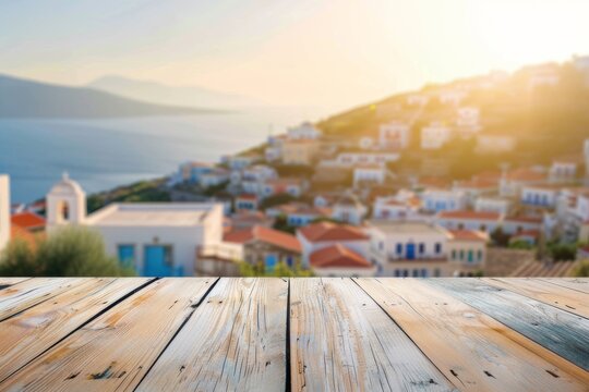 greek village coastal backdrop for traditional food product display with wooden surface