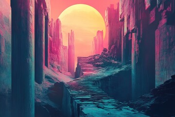 Stone Staircase Leading to a Bright Yellow Sun in a Crimson Landscape