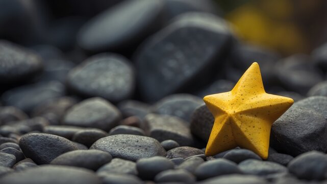 Yellow star-shaped object lying on rocky surface.