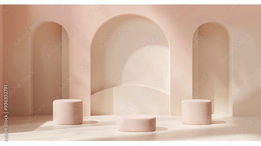 Poster Three elegant pastel pink stools create a calm atmosphere in a minimalist setting, illuminated by soft light filtering through arched contours, embodying modern tranquility