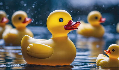 A yellow rubber duck floats in a pool of water, with other ducks in the background