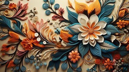 A vibrant and intricate bohemian paper quilling artwork featuring colorful flowers and leaves in shades of orange, blue, and cream. 