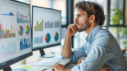 Business analyst deep in thought while analyzing a financial forecast on multiple screens: with copy space