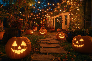 Obraz premium House decorated for halloween with glowing carved pumpkins