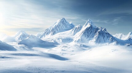 Snowy landscape with a mountain range covered in snow and ice