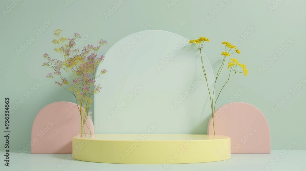 Poster a beautifully arranged podium showcases a harmonious blend of geometric forms and soft floral accent
