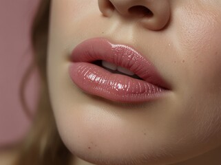Obraz premium Close-up of a young woman's lips painted in light pink. Shallow depth of field.