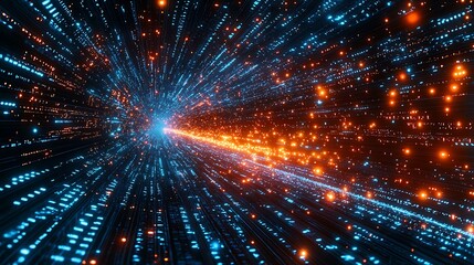 Fototapeta premium Abstract digital tunnel with blue and orange lights, creating a visually captivating representation of data flow and modern technology.