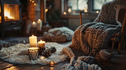 Obraz premium Cozy corner decorated in scandinavian style. Living room with many home decor. House with fireplace, candles, knitted blanket on armchair