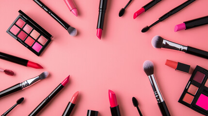 a variety of lipsticks, eyeshadow palettes and blending brushes, on pink background, beauty business