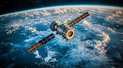 Obraz premium Spacecraft orbiting Earth with clouds and stars, blending the wonder of space exploration with the beauty of our planet as seen from above.